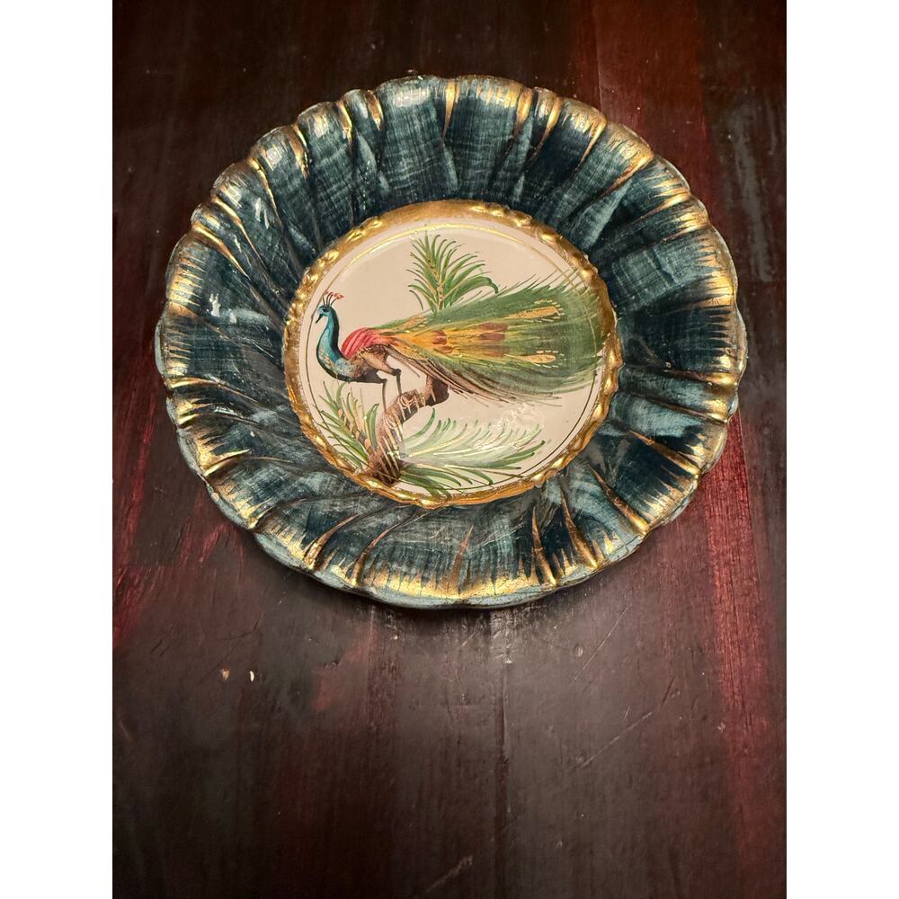 Vintage H Bequet Belgium Pottery Peacock Candy Bowl Teal Gold Gilt-297